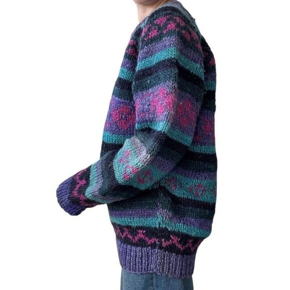 Vintage Ecuadorian Chunky 100% Wool Striped Rainbow Oversized Sweater Sz XL - Picture 4 of 7